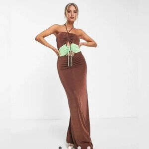 NWT TopShop Slinky Cut Out Color Block Halter Maxi Dress Brown & Green